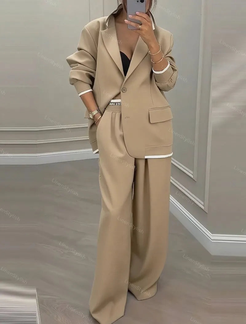 Casual Contrast Wide Leg Pants Suit
