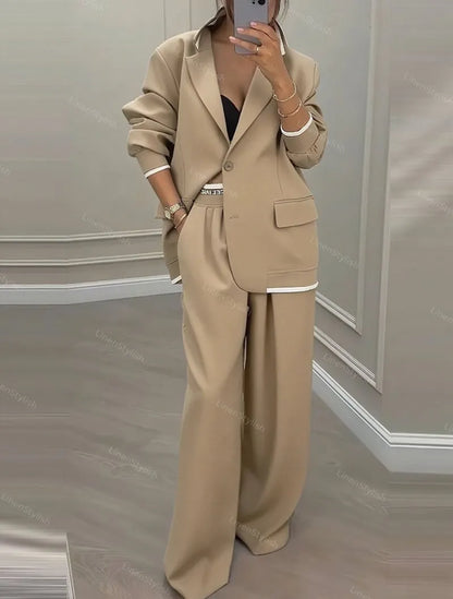 Casual Contrast Wide Leg Pants Suit