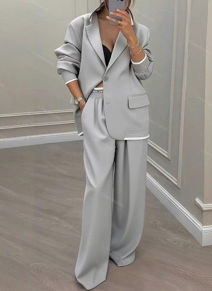 Casual Contrast Wide Leg Pants Suit